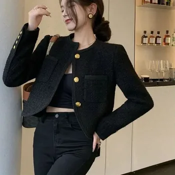 Шерстяные черные куртки, женские однобортные блейзеры с карманами в корейском стиле, блейзеры с длинным рукавом, универсальное пальто с женским темпераментом 2023