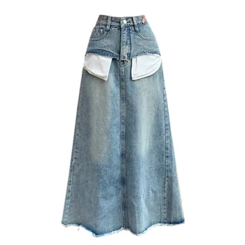 Шикарные новые женские джинсовые длинные юбки трапециевидной формы с винтажными стильными карманами, уличная одежда с разрезом, повседневный низ в стиле харадзюку с высокой талией, прямая поставка