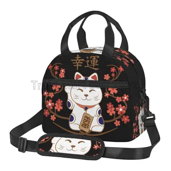 Японская сумка для ланча Lucky Cat для женщин подростков девочек Многоразовый Изолированный ланч бокс с плечевым ремнем Водонепроницаемая прочная сумка-тоут